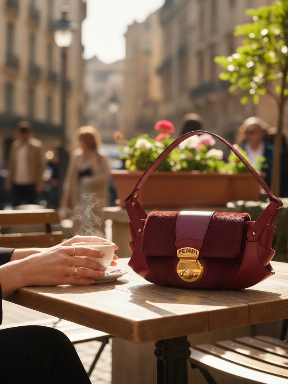 Fendi Mink and Leather Burgundy Shoulder Bag with Gold Hardware.